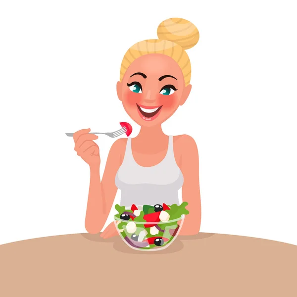 Mulher Feliz Está Comer Uma Salada Vegetariano Conceito Nutrição Adequada — Vetor de Stock