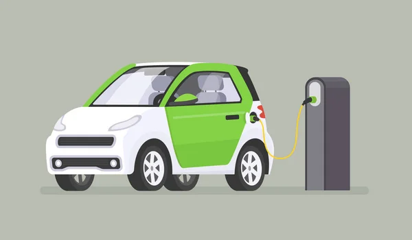 Das Elektroauto Wird Der Ladestation Aufgeladen Vektor Illustration Flachen Stil — Stockvektor