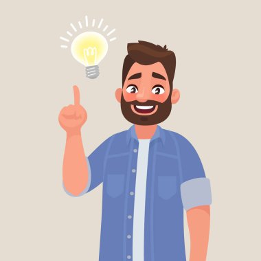 Harika bir fikir kavramı. Adam jest yapıyor. Sorunun çözümü. Çizgi film tarzında vektör illüstrasyonu