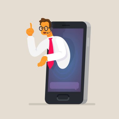 Online asistanı. Yardım ve danışmanlık bir mobil cihaz üzerinden kavramı. Belgili tanımlık smartphone danışman. Düz bir stil vektör çizim