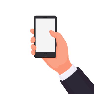 Beyaz bir arka plan üzerinde bir telefon tutan el. Ürün, hizmet veya reklam yerleştirmek için. Bir kişi ve bir akıllı telefon etkileşim. Düz bir stil vektör çizim