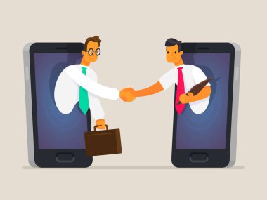İş adamları belgili tanımlık telefon perde ile el sıkışın. Kurumsal iletişim, mal ve hizmetlerin online, işbirliği satışı kavramı. Düz bir stil vektör çizim