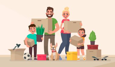 Mutlu bir aile ve yeni bir eve taşıdıktan. Bir yeni ev ya da daire satın. Vektör çizim karikatür tarzı