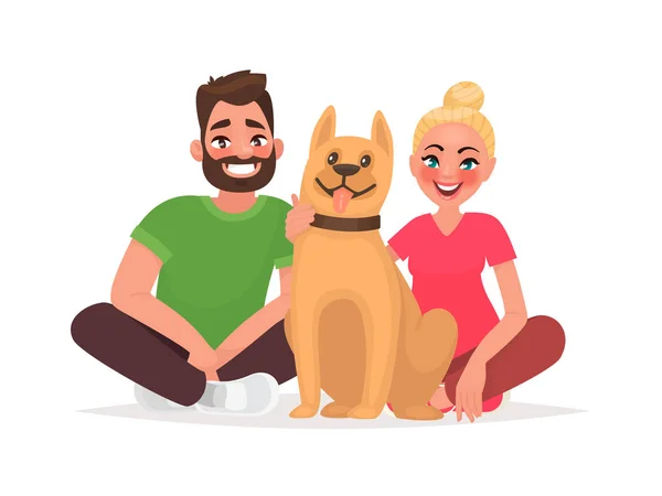 两个年轻人和一只宠物在一起 丈夫和妻子的狗 卡通风格中的矢量插画 — 图库矢量图片