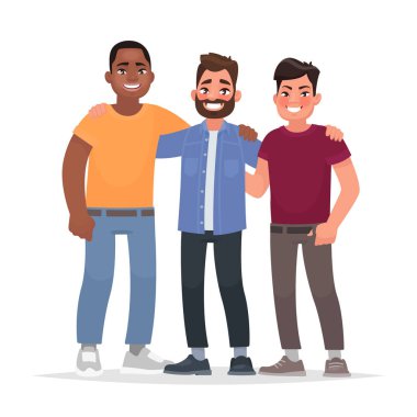 Uluslararası dostluk. Afrikalı-Amerikalı, beyaz adam ve Asya birlikte sarılma. Vektör çizim karikatür tarzı