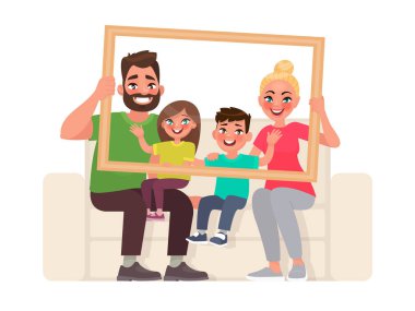 Aile portresi. Baba, Anne, oğlu ve kızı koltukta oturan bir resim çerçevesi tutarak. Vektör çizim karikatür tarzı
