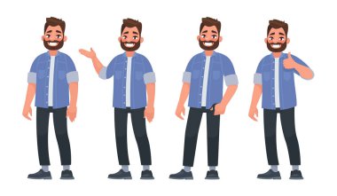 Karakter farklı teşkil etmektedir rahat kıyafetler içinde yakışıklı bir sakallı adam kümesi. Vektör çizim karikatür tarzı