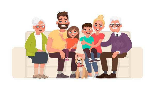 Big happy family sitting on the sofa. Grandmother, grandfather, father, mother, children and pet. Vector illustration in cartoon style