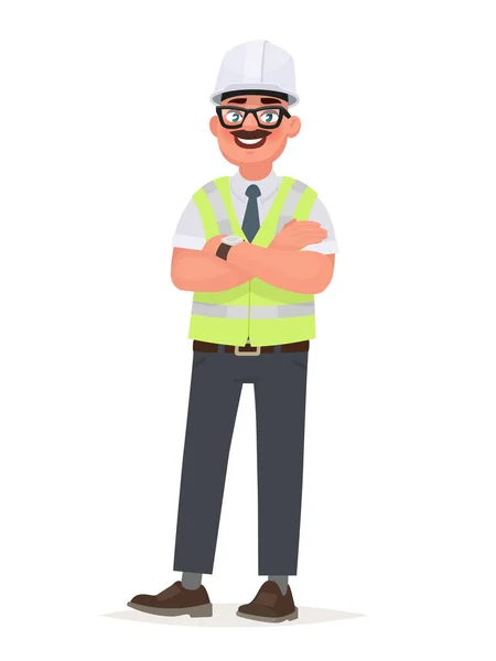 Egy Mérnök Aki Kemény Kalapot Védőmellényt Visel Foreman Építkezésen Gyári — Stock Vector