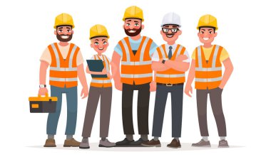 İnşaatçılar koruyucu yelek ve kask giymiş. İşçiler inşaat sahasında. Vektör çizim karikatür tarzı