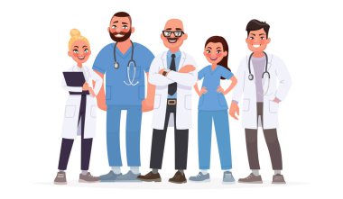 Doktorlardan oluşan ekip. Hastane işçilerin bir grup. Sağlık personeli. Vektör çizim karikatür tarzı