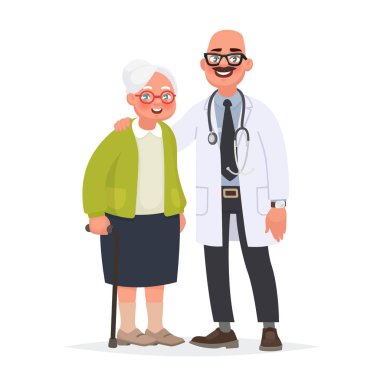 Doktor ve yaşlı bir hasta. Büyükanne ve tıbbi işçi. Sağlık için gelişmiş bir yaşta bakmakta. Vektör çizim karikatür tarzı