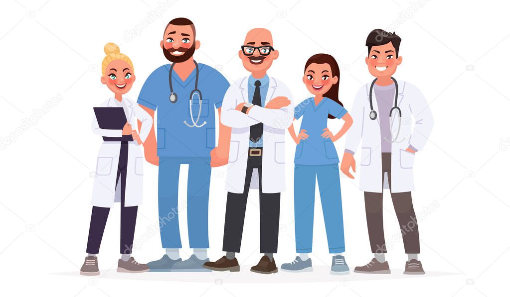 Team of doctors. A group of hospital workers. Medical staff. Vector illustration in cartoon style