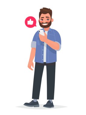 Sakallı adam bir akıllı telefon elinde tutuyor. İletişim ağındaki siteleri ve sosyal ağlar kalma. Bağımlılığı becerikli alet. Vektör çizim karikatür tarzı