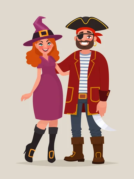 Par Celebrar Halloween Hombre Disfrazado Pirata Una Mujer Vestida Bruja — Archivo Imágenes Vectoriales