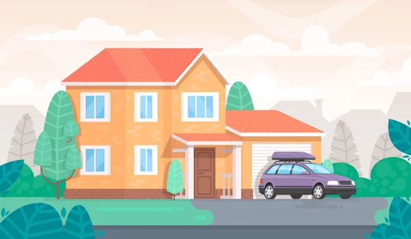 Fachada Casa Con Garaje Coche Casa Campo Ilustración Vectorial Estilo — Vector de stock