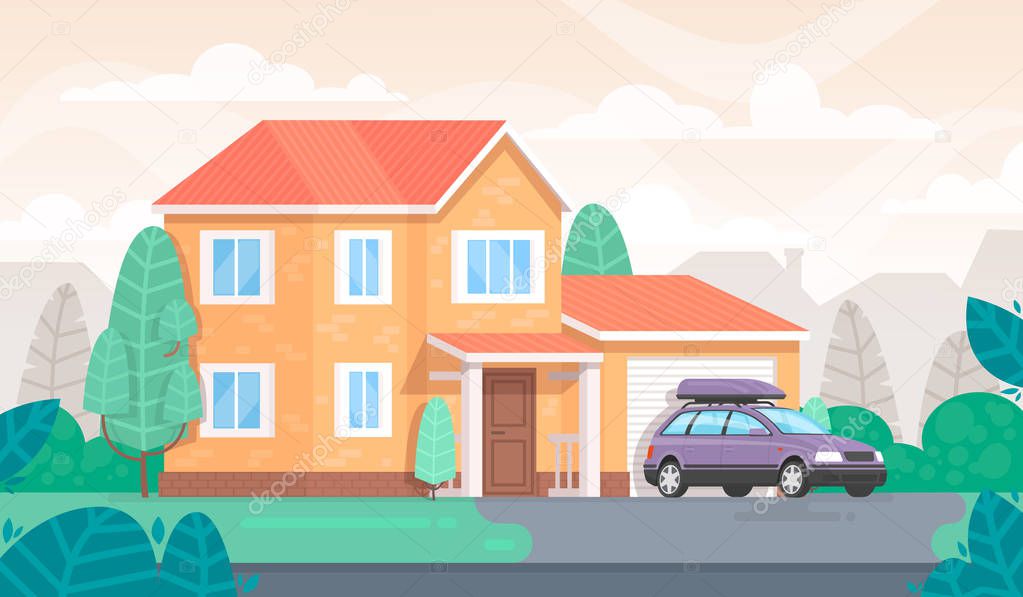 Facade of the house is with a garage and a car. Cottage. Vector illustration in a flat style