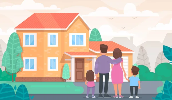 Família Feliz Está Olhar Para Sua Nova Casa Ilustração Vetorial — Vetor de Stock