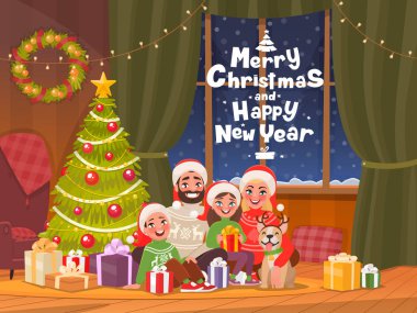 Mutlu Noeller ve mutlu yeni yıl. Giyinmiş Noel ağacı, aile tatil kutluyor. Baba, Anne, oğlu ve kızı rahat bir ev içinde. Vektör çizim karikatür tarzı.
