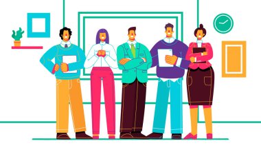 Şirketin iş arkadaşları. İş takım. Ofis çalışanları birlikte işyeri arka planı bekletin. Modern düz stil vektör çizim.