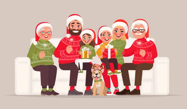 Feliz Natal Feliz Ano Novo Grande Família Sentada Sofá Fundo —  Vetores de Stock