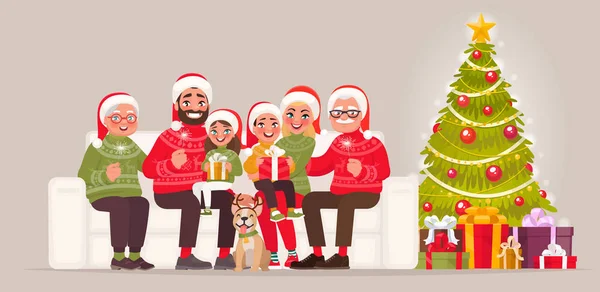 Feliz Navidad Feliz Año Nuevo Amplia Familia Sentada Sofá Junto — Vector de stock