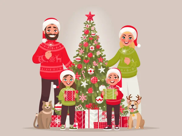 Freudige Familie Beim Neujahrsbaum Frohe Weihnachten Und Ein Gutes Neues — Stockvektor