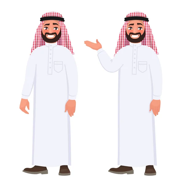 Glücklicher Arabischer Mann Nationalkleidung Auf Weißem Hintergrund Vektorillustration Cartoon Stil — Stockvektor