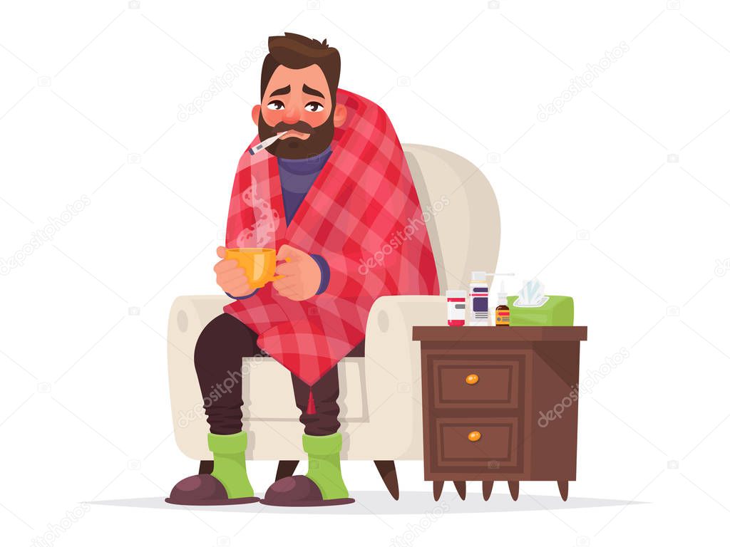 Sick man. Flu, viral disease. Vector illustration in cartoon style