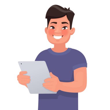 Bir tablet onun elinde tutan mutlu Asya adam. İnsanlar ve araçlar. Vektör çizim karikatür tarzı