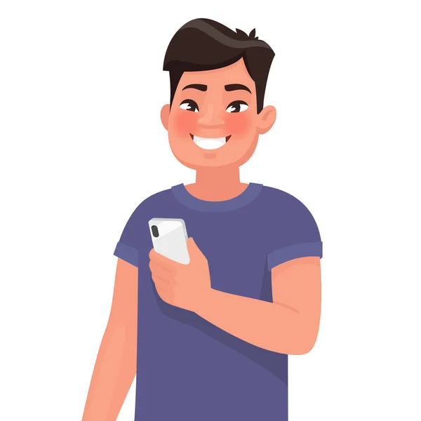 快乐的亚洲男人手里拿着智能手机 人和小工具 社交网络中的通信 传染媒介例证在动画片样式 — 图库矢量图片