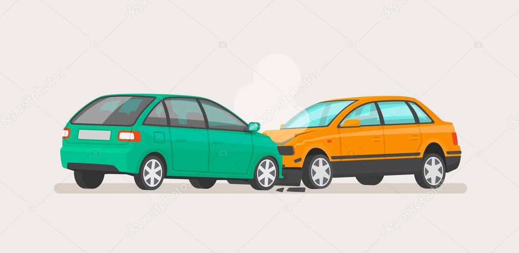 Car accident. Two broken cars. Vector illustration for vehicle insurance.