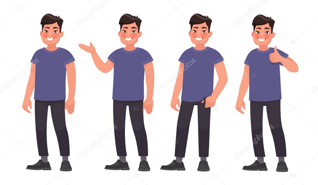 Set of character a handsome Asian man in casual wear in different poses. Vector illustration in cartoon style