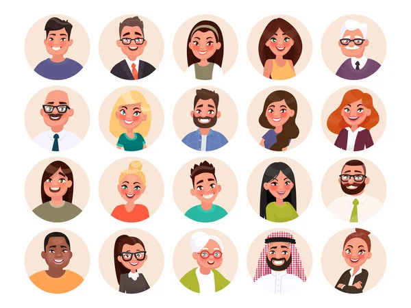 Conjunto Avatares Personas Felices Diferentes Razas Edades Retratos Hombres Mujeres — Vector de stock