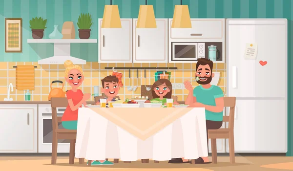 幸せな家族は台所で食べる 自宅のテーブルで朝食を持っています 漫画のスタイルのベクトル図 — ストックベクタ