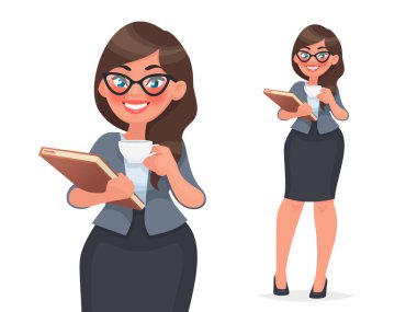 İş kadını bir fincan kahve ve bir klasör dosyaları ile tutar. Kadın iş kıyafetleri, şirket çalışanı. Vektör çizim karikatür tarzı
