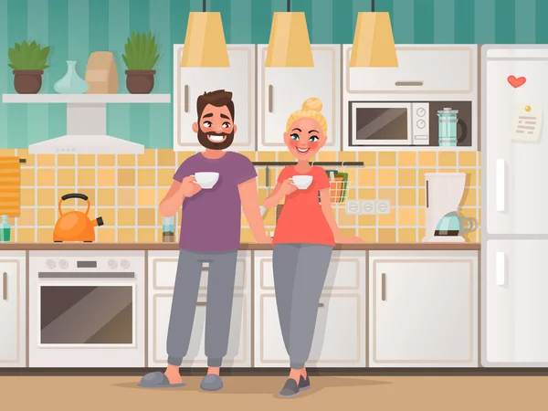 幸福的已婚夫妇在厨房里 男人和女人在家里喝茶 传染媒介例证在动画片样式 — 图库矢量图片