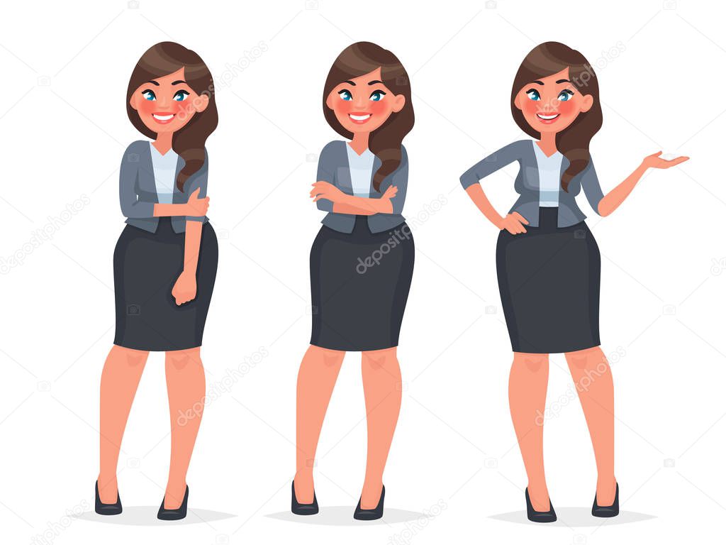 Set of character a female office employee. Beautiful woman in business clothes. Secretary in different poses. Vector illustration in cartoon style