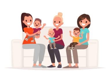 Anneler kollarını bebeklerde holding kanepede otururken vardır. Genç annelerin iletişim. Düz stil vektör çizim