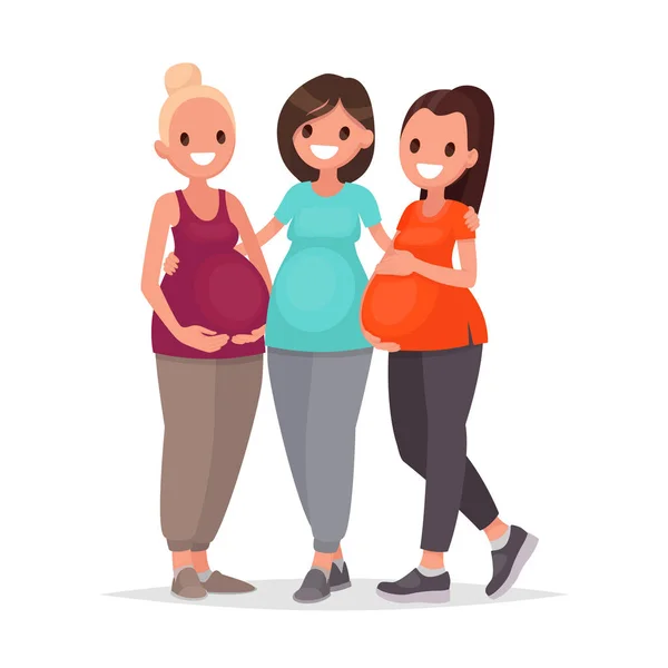 Hamile Kadınların Grup Beyaz Bir Arka Plan Üzerinde Duran Kucaklayan — Stok Vektör