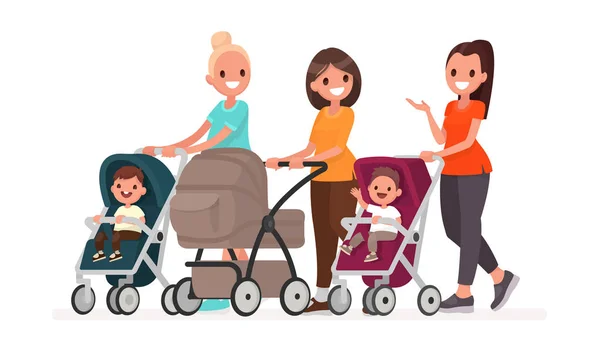 一群妈妈在婴儿车里交流和骑幼儿 有孩子的年轻母亲散步 在平的样式的向量例证 — 图库矢量图片