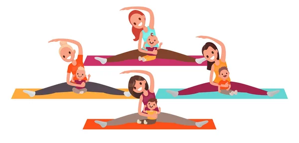 Grup Mame Tinere Care Fac Yoga Copiii Femeile Fac Fitness — Vector de stoc