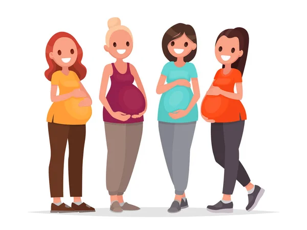 Hamile Kadın Grup Gelecek Annelerin Bebek Beklentisiyle Düz Stil Vektör — Stok Vektör