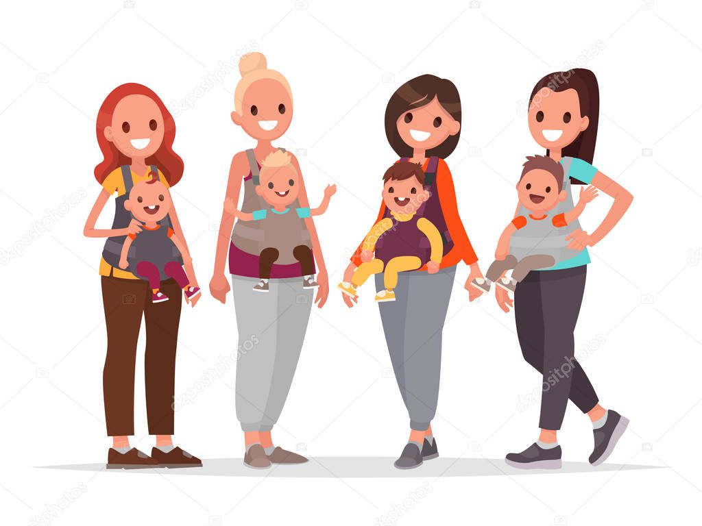 Group of happy mothers with children in baby sling. Moms with kids. Vector illustration in flat style