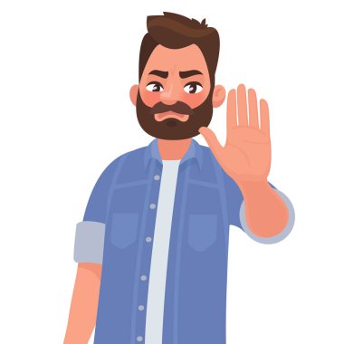 Ciddi adam dur jest gösterir. Vektör çizim karikatür tarzı
