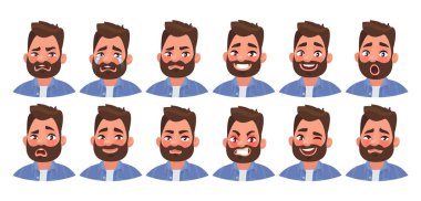 Bir dizi farklı duygu, erkek karakter. Çeşitli yüz ifadeleri olan yakışıklı adam emojisi. Çizgi film tarzında vektör illüstrasyonu