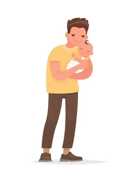 Papá Feliz Sostiene Bebé Sus Brazos Paternidad Ilustración Vectorial Estilo — Vector de stock