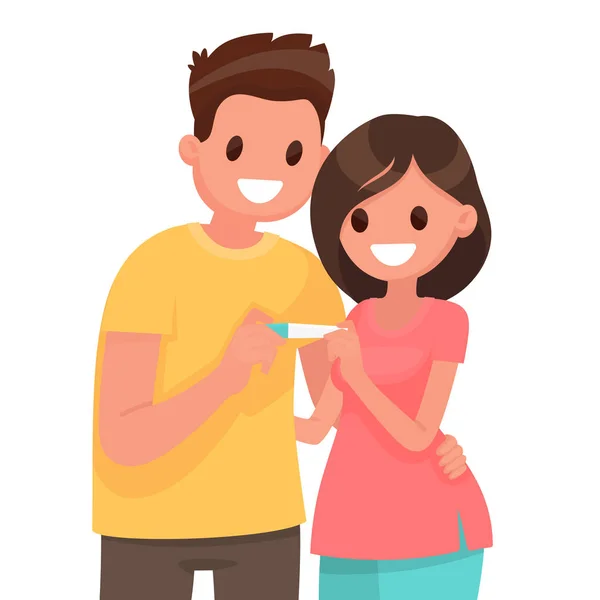 Pareja Joven Está Feliz Con Prueba Embarazo Positiva Ilustración Vectorial — Vector de stock