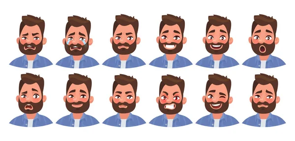 Conjunto Diferentes Emociones Carácter Masculino Hombre Guapo Emoji Con Varias — Vector de stock
