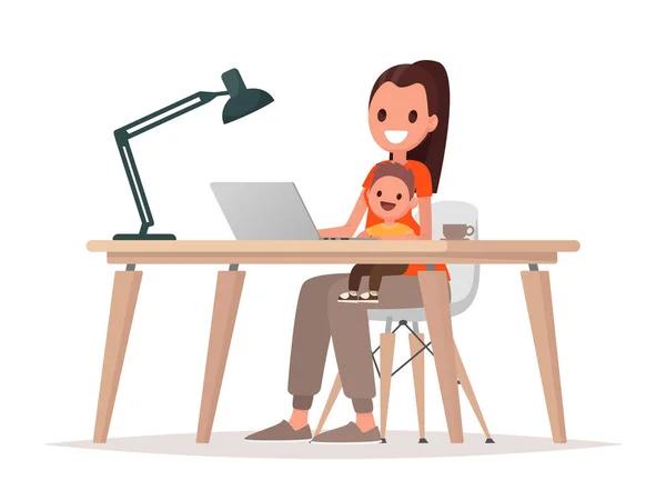 Giovane Madre Siede Con Bambino Lavora Computer Portatile Madre Freelance — Vettoriale Stock